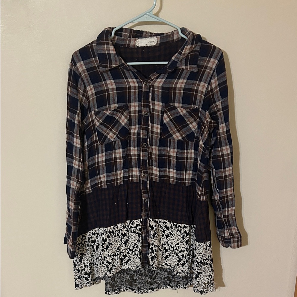 A'Reve Brown and Blue Plaid Shirt M